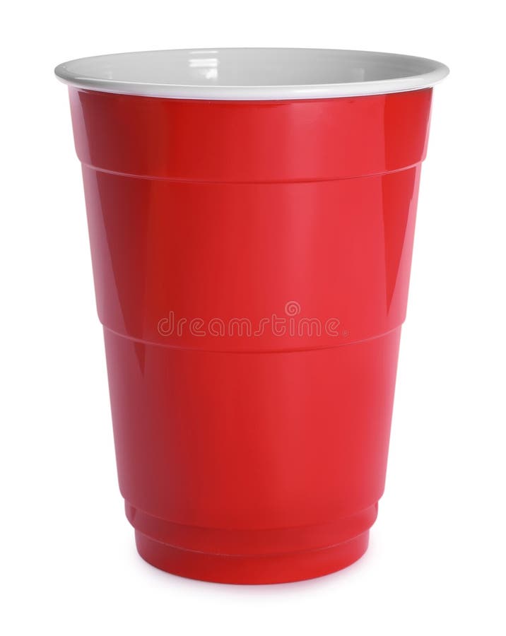 Nuova coppa di plastica rossa su sfondo bianco