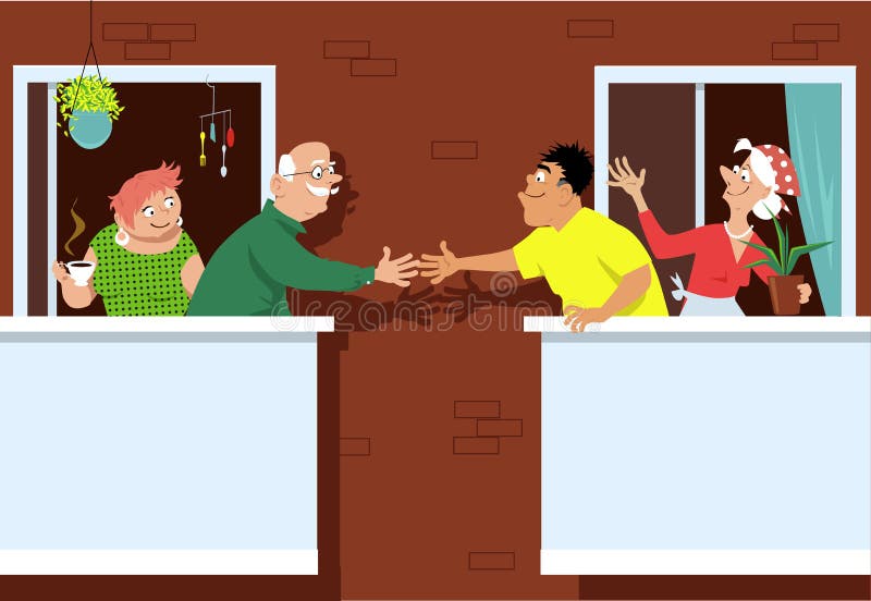 Senior couple greeting new neighbors standing on a patio at a multifamily retirement community, EPS 8 vector illustration. Senior couple greeting new neighbors standing on a patio at a multifamily retirement community, EPS 8 vector illustration