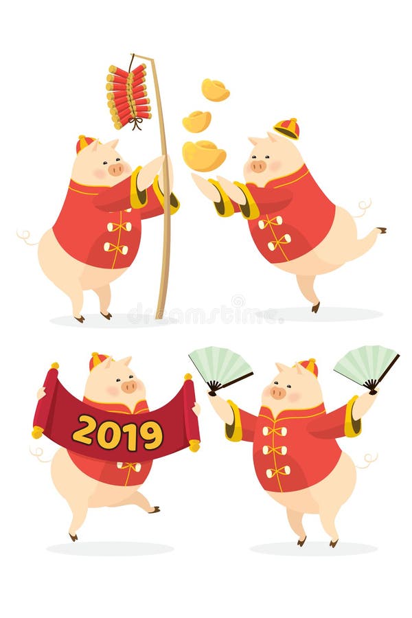 Nuovo anno cinese 2019 con la celebrazione del personaggio dei cartoni animati del maiale dell'insieme quattro su fondo bianco is royalty illustrazione gratis Nuovo anno cinese 2019 con la celebrazione del personaggio dei cartoni animati del maiale dell'insieme quattro su fondo bianco is royalty illustrazione gratis