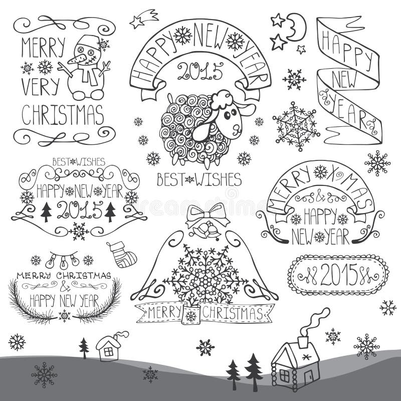 Nuovo anno d'annata, distintivi calligrafici di Natale messi royalty illustrazione gratis Nuovo anno d'annata, distintivi calligrafici di Natale messi royalty illustrazione gratis
