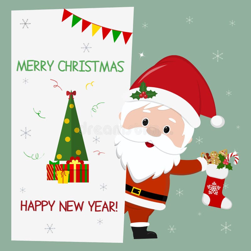 Nuovo anno felice e Buon Natale Il Babbo Natale sveglio che tiene un calzino di natale con i regali Sta dietro un'insegna illustrazione vettoriale Nuovo anno felice e Buon Natale Il Babbo Natale sveglio che tiene un calzino di natale con i regali Sta dietro un'insegna illustrazione vettoriale