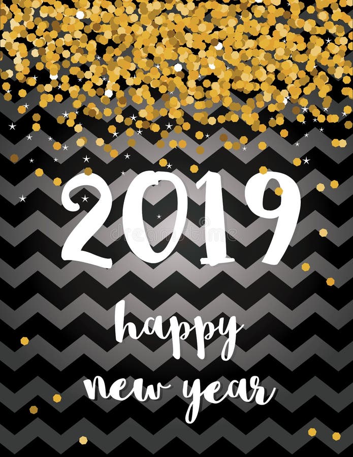 Nuovo anno felice Nuova carta astratta elegante di vettore di 2019 anni con i coriandoli di caduta dell'oro illustrazione di stock Nuovo anno felice Nuova carta astratta elegante di vettore di 2019 anni con i coriandoli di caduta dell'oro illustrazione di stock