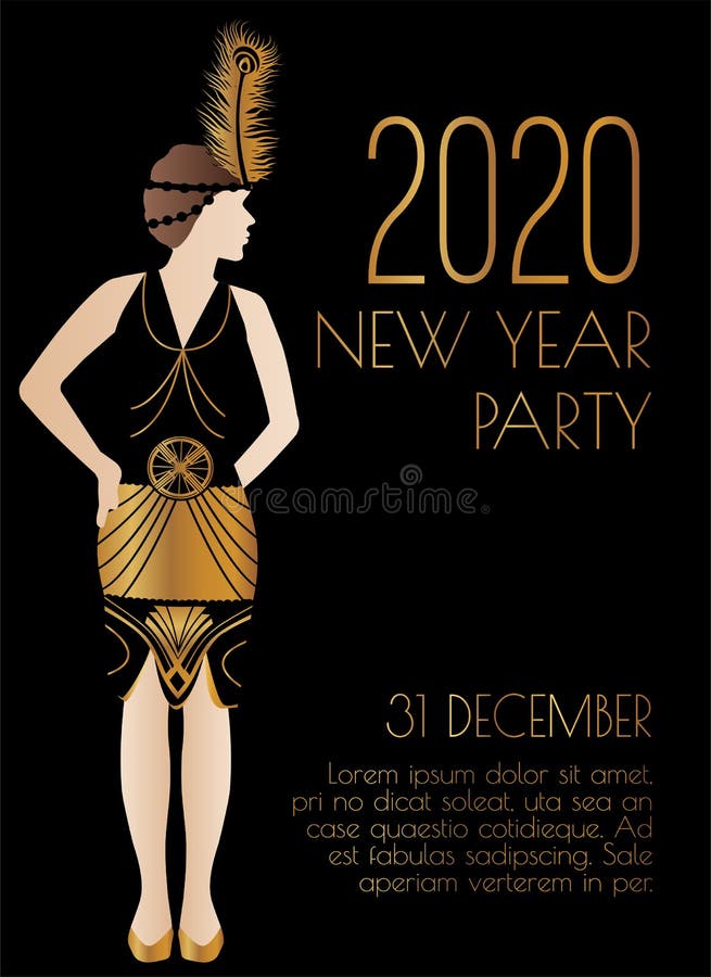 Nuovo anno 2020: progetto di invito per il festival Gatsby Art Deco Style con Girl royalty illustrazione gratis Nuovo anno 2020: progetto di invito per il festival Gatsby Art Deco Style con Girl royalty illustrazione gratis