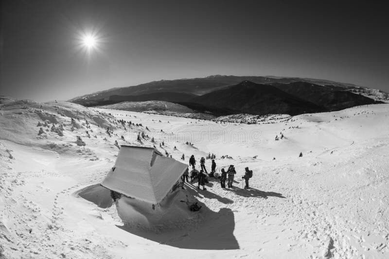 Ukraine, Vorokhta December 31, 2015: Close to the highest peak of Ukraine Goverla house shelter climbers, endearing it to the winter holiday of the New Year. Photos from the drone. Ukraine, Vorokhta December 31, 2015: Close to the highest peak of Ukraine Goverla house shelter climbers, endearing it to the winter holiday of the New Year. Photos from the drone.