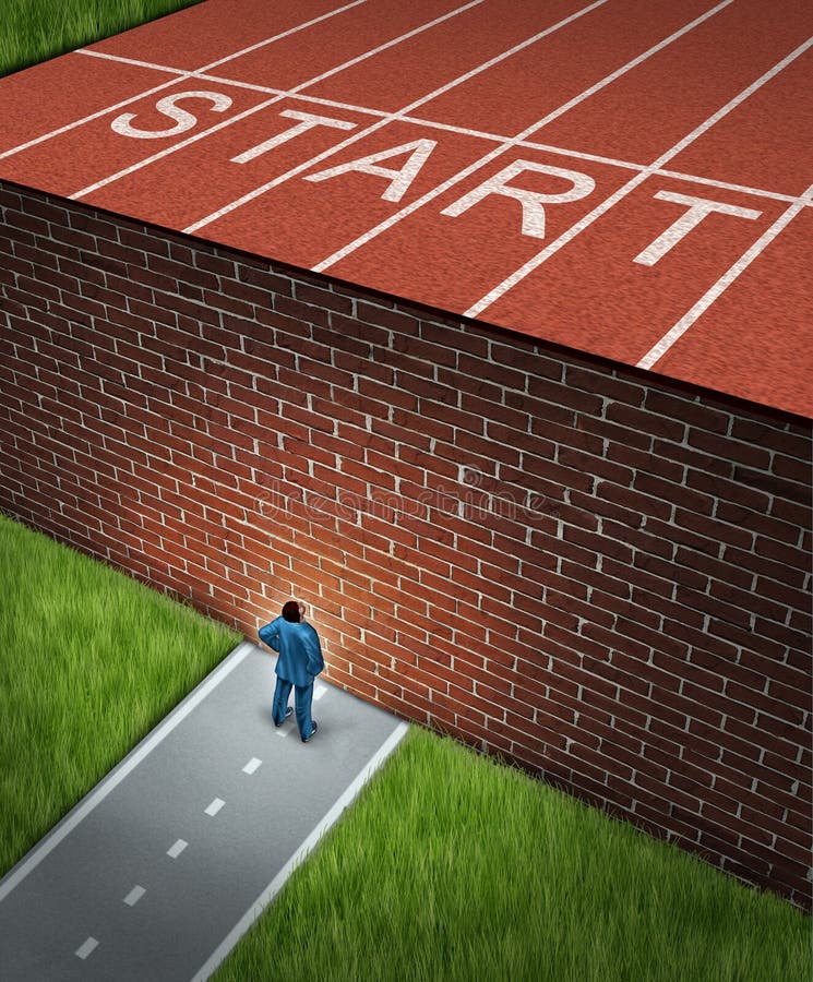 New job challenges concept with a business and financial obstacles metaphor as a businessman standing in front of a large brick wall that has blocked his track and field path obstructing a journey to success. New job challenges concept with a business and financial obstacles metaphor as a businessman standing in front of a large brick wall that has blocked his track and field path obstructing a journey to success.
