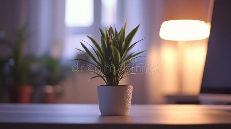 Nur eine einzige Topfpflanze ist die Dekoration auf dem ansonsten üblichen Schreibtisch und betont das minimalistische Design lizenzfreies stockfoto
