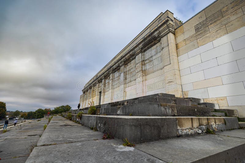 Nuremberg, Germany - October 25, 2023: The remains of German megalomania in the Third Reich, main tribune or great stand at the Zeppelin Field in Nuremberg. Hitler had his army deployed on the road