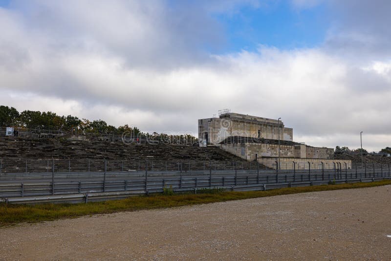 Nuremberg, Germany - October 25, 2023: The remains of German megalomania in the Third Reich, main tribune or great stand at the Zeppelin Field in Nuremberg. Hitler had his army deployed on the road