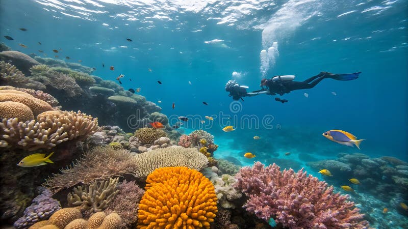 Nurk Scuba badający żywą rafę koralową podwodną tropikalną morską Stosunek genetyczny AI fotograficzny ilustracji