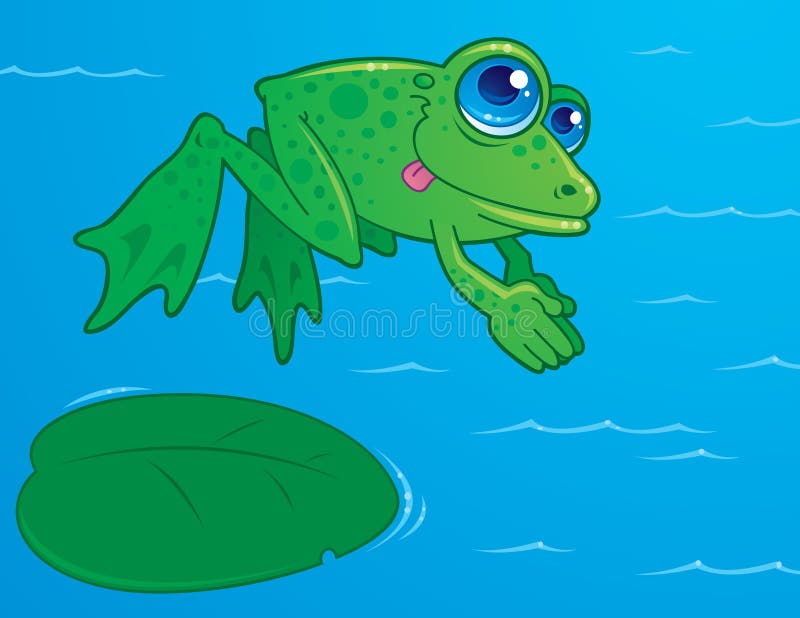 Vector drawing of a cute frog diving off of a lily pad into water. Drawn in a humorous cartoon style. Vector drawing of a cute frog diving off of a lily pad into water. Drawn in a humorous cartoon style.