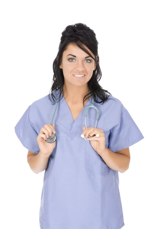 Caucasian woman doctor or nurse wearing scrubs stock photography