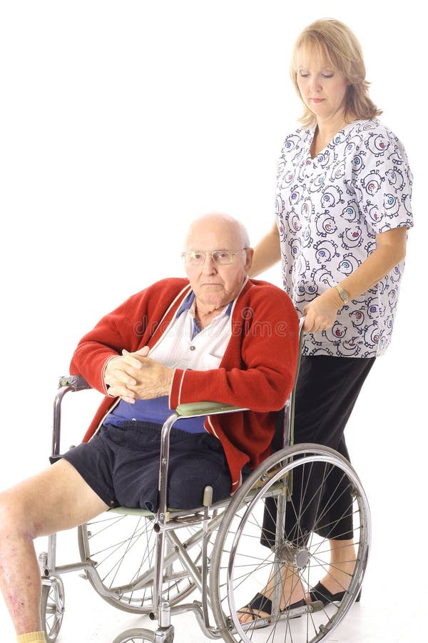 Nurse with disabled elderly patient isolated on white