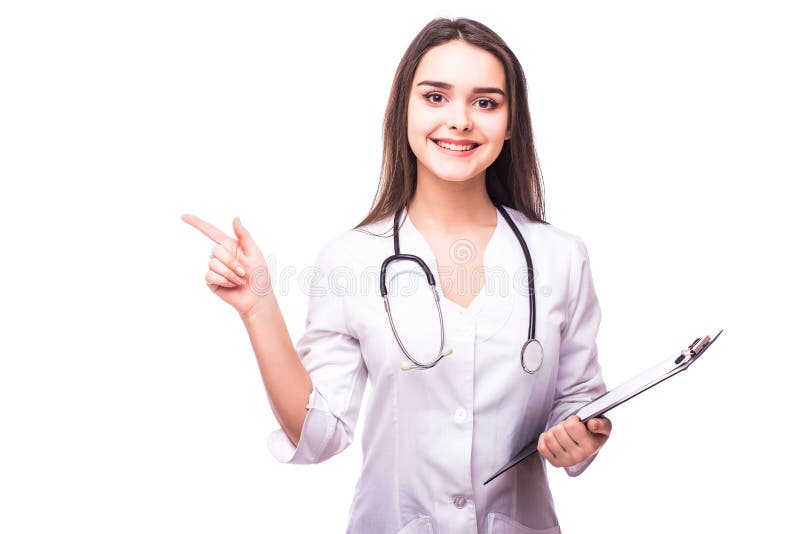 Nurse doctor woman smile with stethoscope, hold hand showing something on the open palm