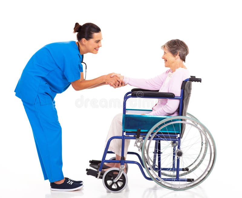 Friendly nurse greeting disabled senior patient. Friendly nurse greeting disabled senior patient