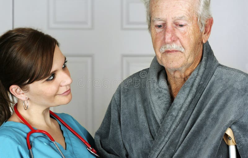 Senior on Crutches Assisted by His Nurse Stock Image Image of blue