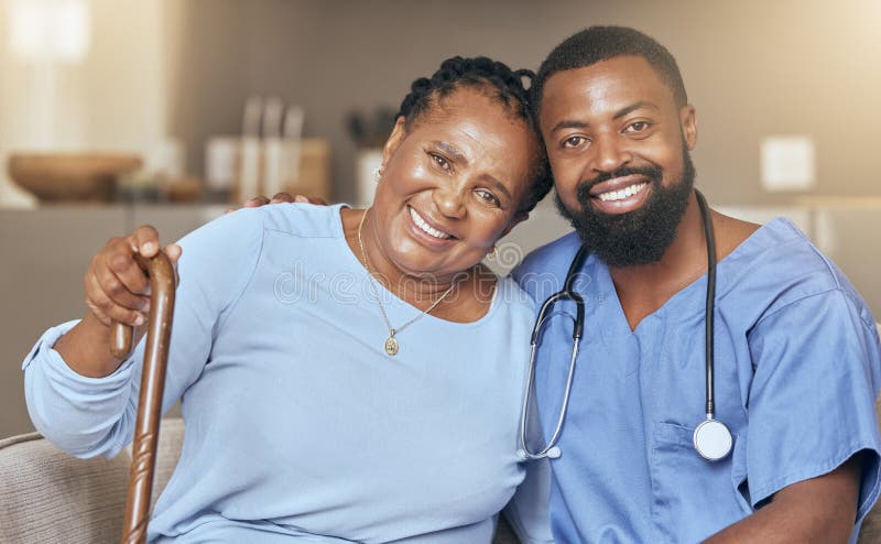 Nurse, senior black woman and doctor or caregiver hugging for support, love and gratitude in nursing home. Smile