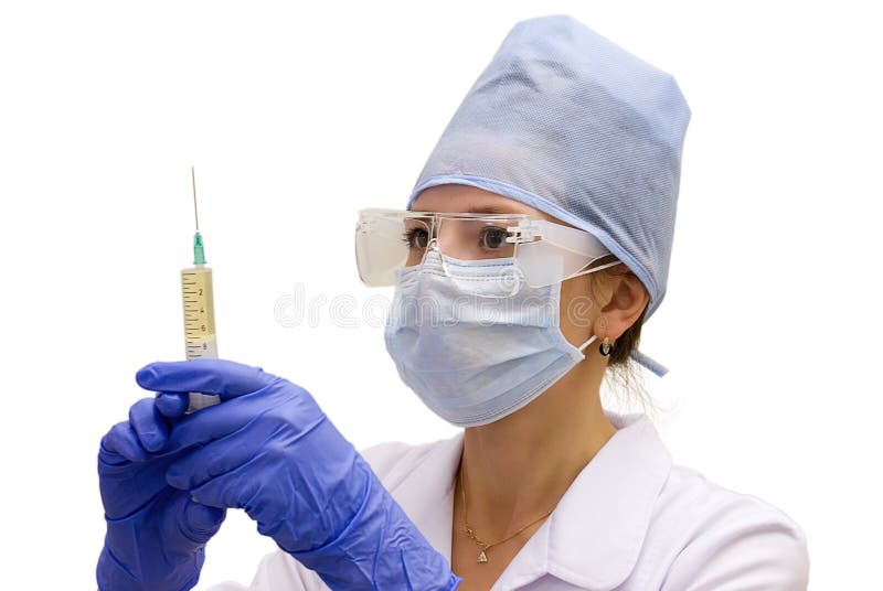 Nurse with syringe in spectacles
