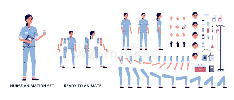 Nurse in uniform character set of body parts flat vector illustration isolated.