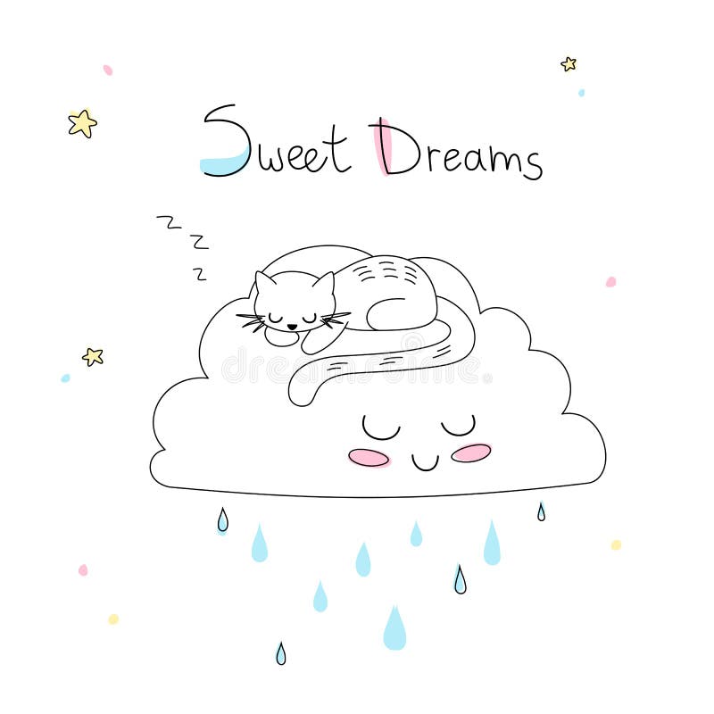 Nursery Art: Cute Hand-drawn Cat Sleep on the Funny Soft Cloud. Stock ...