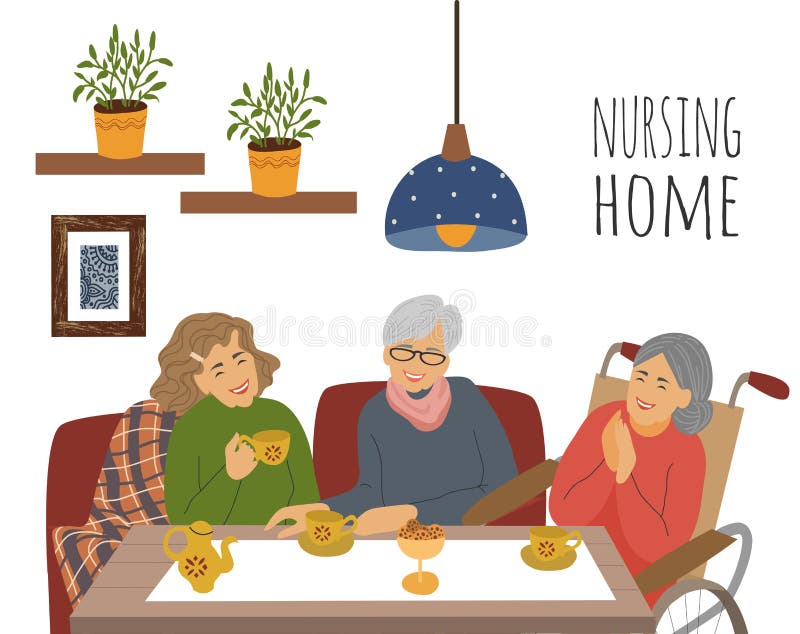 Nursing home. A heerful elderly womans at a tea party. Flat hand drawn vector illustration