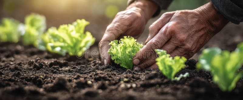The nurturing hands planting fresh lettuce in rich, dark soil.. image stock image.