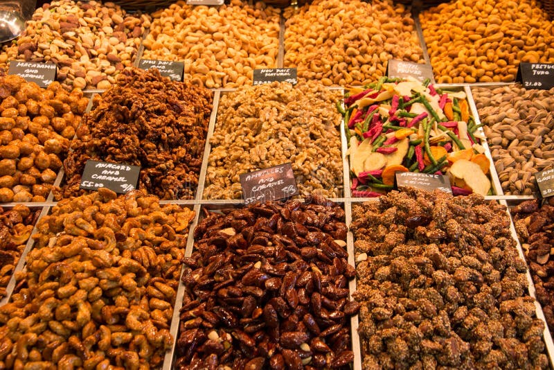 Selection Of Nuts On Display At A Market Stall Stock Image Image of