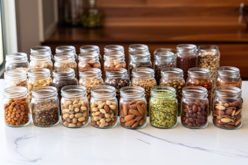 Nut and seed collection in small, clear jars stock images