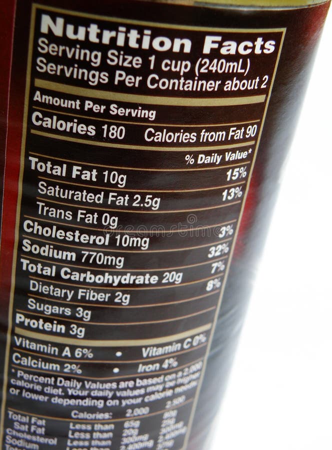 An image showing the nutrition facts on the paper label of a tin of canned stew, stating the nutrients in the food per serving. Details include saturated fats and trans fat, cholesterol, sodium, carbohydrates, dietary fiber, sugars, protein, vitamins and minerals, etc. Informative and useful for the health conscious, weight watchers, or person on diet. Vertical color format. Weight watchers stock images, royalty-free photos and pictures