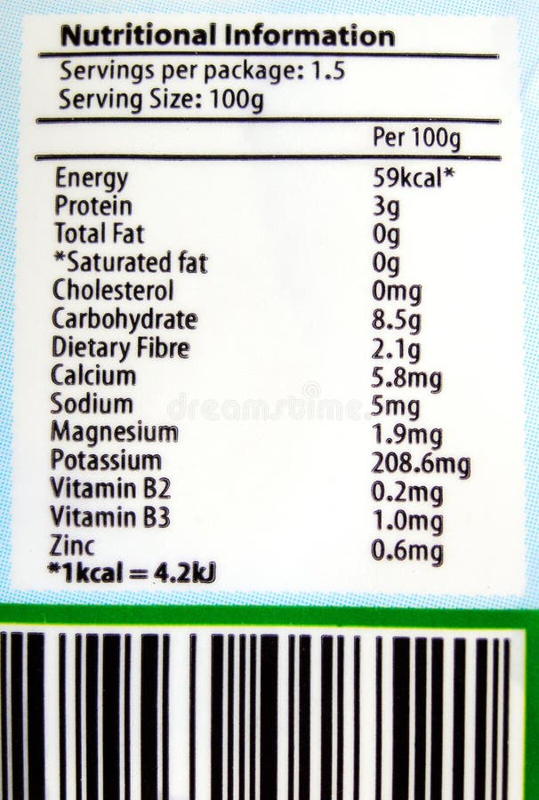 Know what you eat! - An image showing the nutrition facts and bar code on the paper packaging label of a packet of organically grown oyster mushrooms, stating the nutrients in the food per 100 grams. Details include saturated fats and total fat, cholesterol, sodium, carbohydrates, dietary fiber, energy calories, protein, vitamins and minerals, etc. Informative and useful for the health conscious, weight watchers, or person on diet. Vertical color format. Weight watchers stock images, royalty-free photos and pictures
