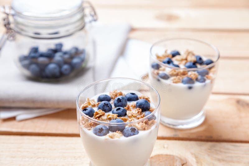 Nutritious and Healthy Yogurt with Blueberries and Cereal Stock Photo