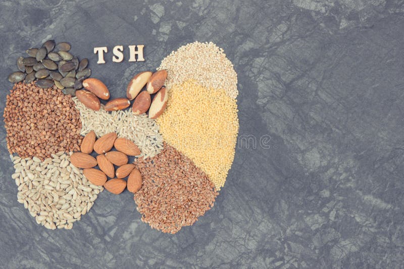 Nutritious Ingredients in Shape of Thyroid. Healthy Food As Source Vitamins. Problems with