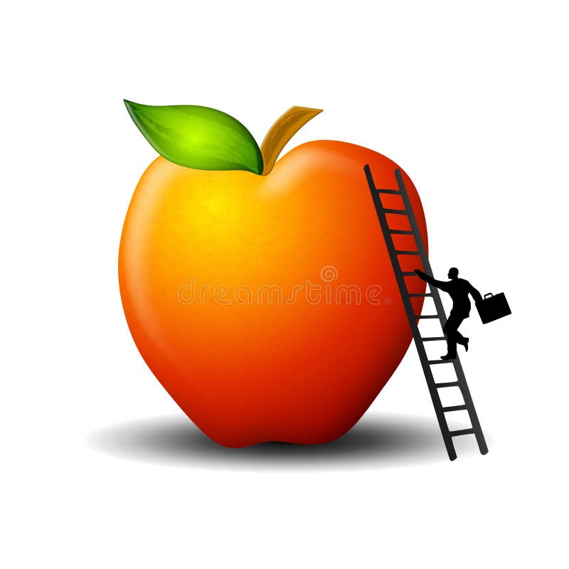 An illustration featuring a businessman climbing a lader propped up against an apple to resprent the challenge of eating healthy eating with a busy lifestyle. An illustration featuring a businessman climbing a lader propped up against an apple to resprent the challenge of eating healthy eating with a busy lifestyle