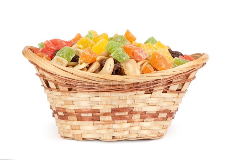 Nuts and dried fruit in a basket