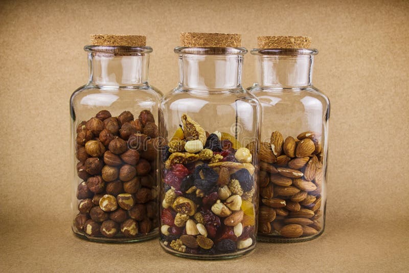 Nuts and Dried Fruit Mix in a Glass Jars Stock Image Image of food