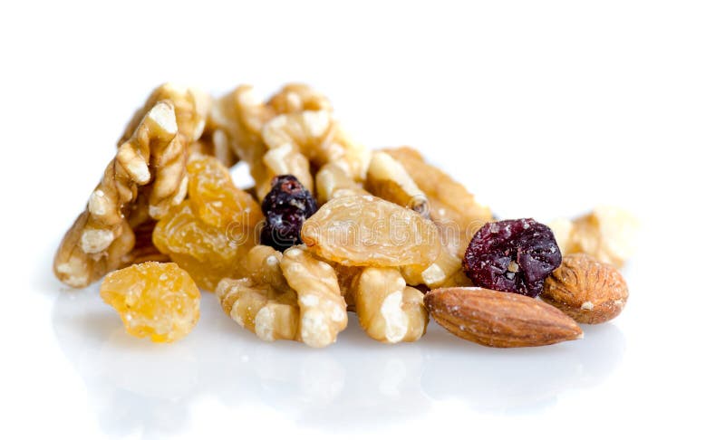 Nuts mixture with walnuts, raisins, cashew and dried fruits isolated on white royalty free stock image Nuts mixture with walnuts, raisins, cashew and dried fruits isolated on white royalty free stock image