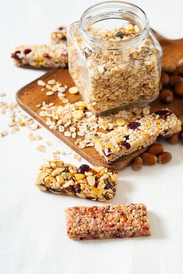 Nuts and Oats Energy Mix Bars on White Background Stock Photo Image