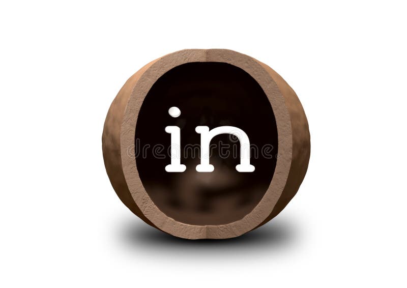 A hollowed out macadamia nut shell with a quarter segment cut away and the word in on the inside. A hollowed out macadamia nut shell with a quarter segment cut away and the word in on the inside