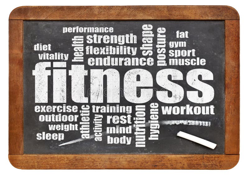 Fitness word cloud on a vintage blackboard isolated on white. Fitness word cloud on a vintage blackboard isolated on white