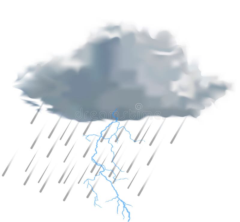 Rain cloud with raindrops and lightning vector illustration on white background. Rain cloud with raindrops and lightning vector illustration on white background