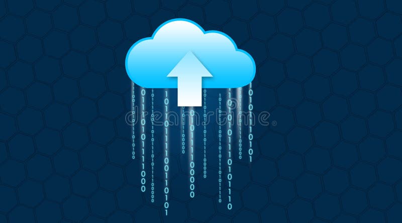 Digital cloud with one arrow and flowing binary code 1 and 0 from the cloud. Illustration with digital cloud on a blue background. Technology, global, coding, data, binary, business. Digital cloud with one arrow and flowing binary code 1 and 0 from the cloud. Illustration with digital cloud on a blue background. Technology, global, coding, data, binary, business.