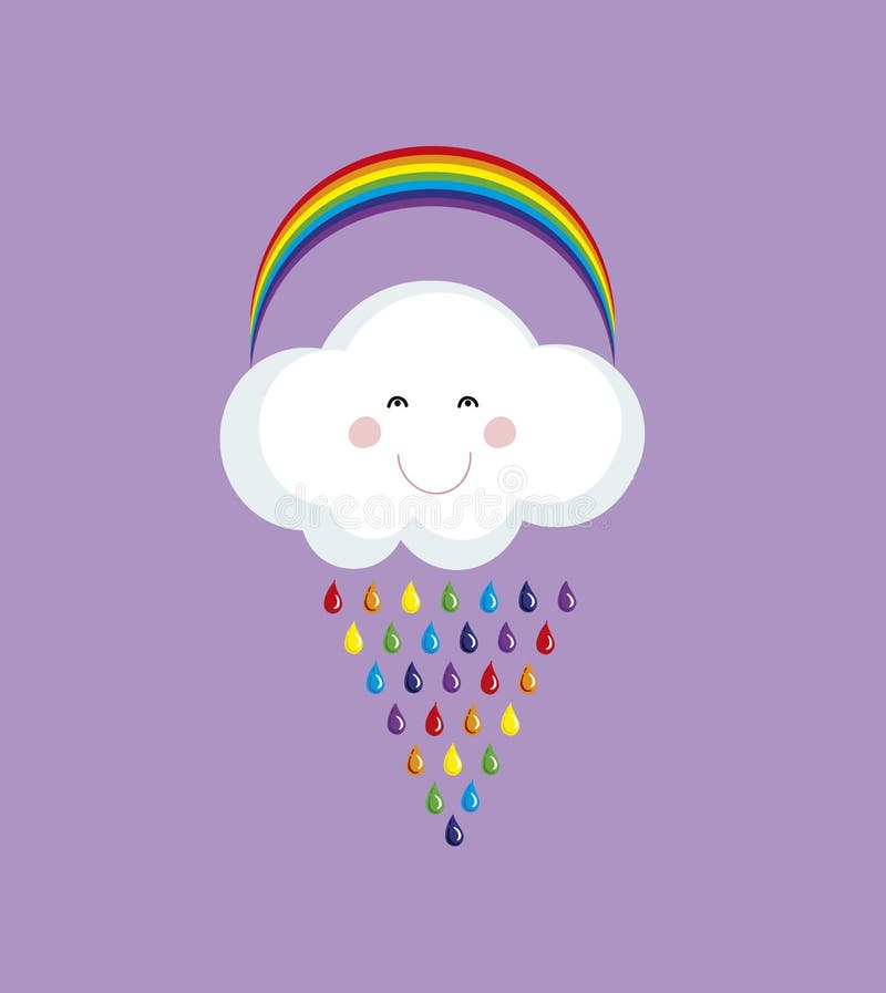 Cute happy cloud with colorful rain drops.Rainbow vector background.Children illustration. Cute happy cloud with colorful rain drops.Rainbow vector background.Children illustration.