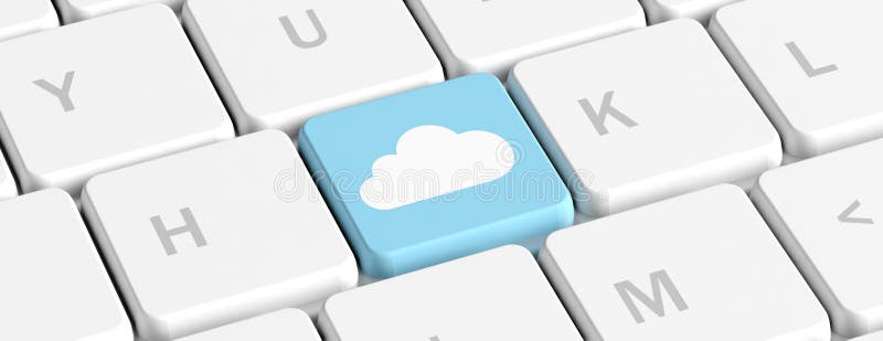 Nuvem que computa, chave azul em um teclado de computador, bandeira ilustração 3D ilustração stock Nuvem que computa, chave azul em um teclado de computador, bandeira ilustração 3D ilustração stock