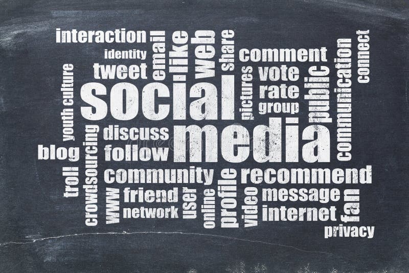 Nuvem social da palavra dos meios no quadro-negro foto de stock royalty free Nuvem social da palavra dos meios no quadro-negro foto de stock royalty free