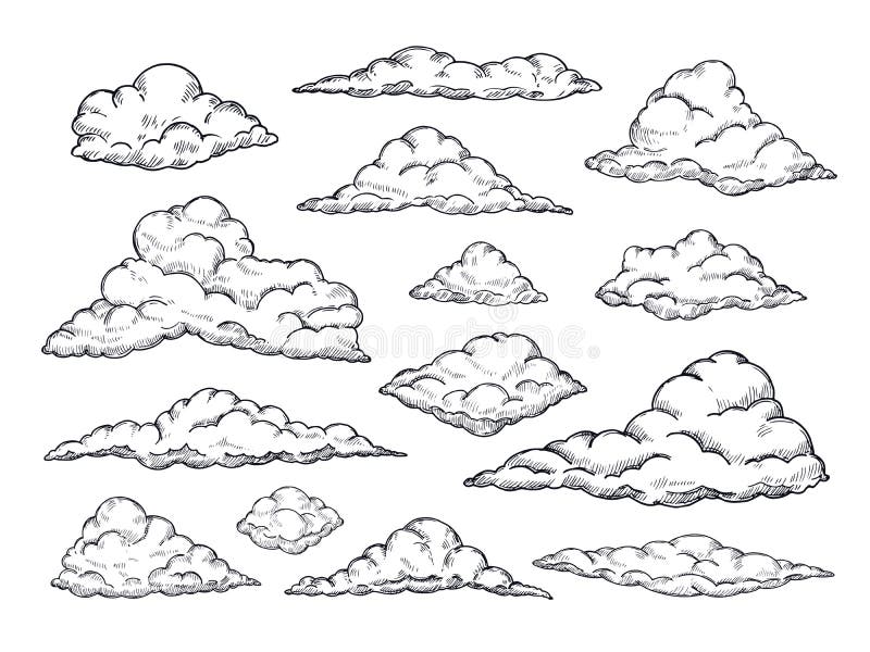 Nuvens do esboço Cloudscape tirado mão do céu Esboço que esboça a coleção do vetor do vintage da nuvem