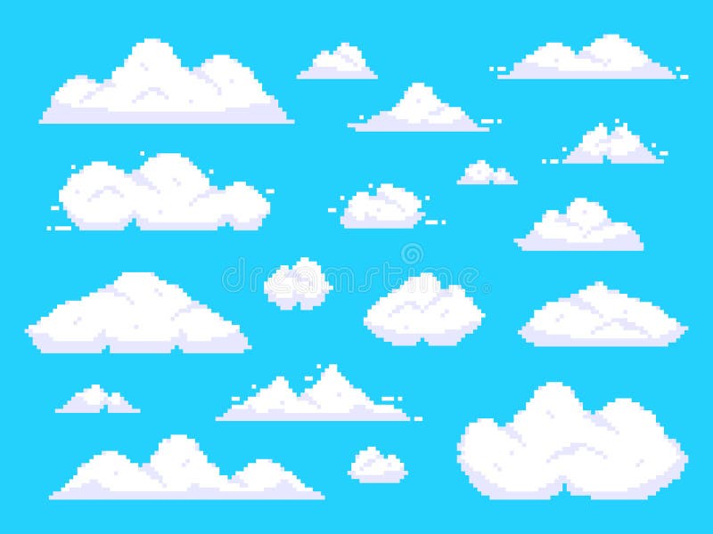 Nuvens do pixel Ilustração aérea retro do vetor do fundo da arte do pixel da nuvem do céu azul de 8 bocados