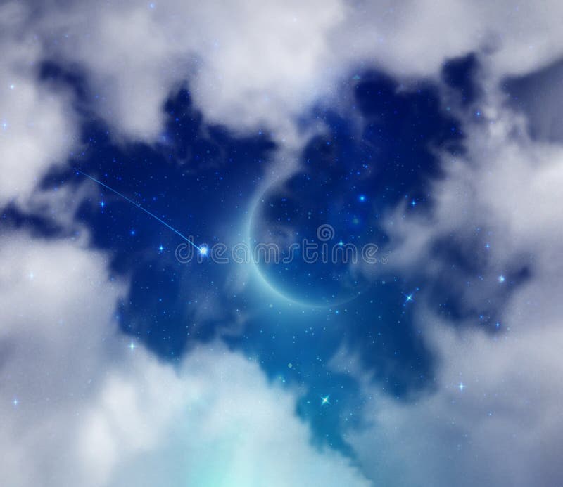 Nuvens em forma de estrela em queda e nova lua