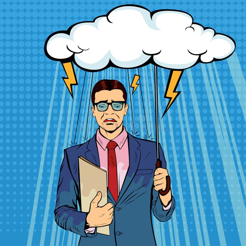 Nuvola diritta dell'ombrello della tenuta dell'uomo d'affari sfortunato che è bagnata dalla pioggia illustrazione di stock Nuvola diritta dell'ombrello della tenuta dell'uomo d'affari sfortunato che è bagnata dalla pioggia illustrazione di stock