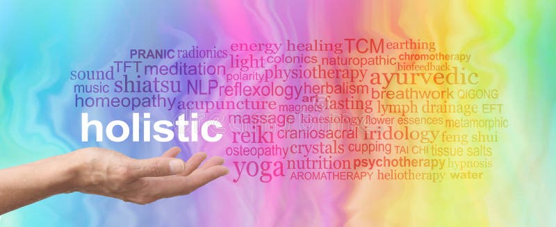 Female hand held palm up the word HOLISTIC in white above surrounded by a relevant word cloud on a rainbow colored marble effect background. Female hand held palm up the word HOLISTIC in white above surrounded by a relevant word cloud on a rainbow colored marble effect background