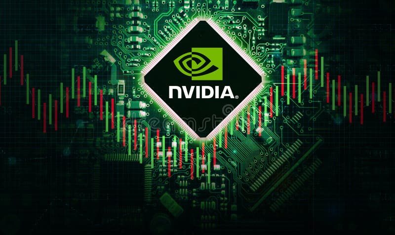 Nvidia Chipset concept background with green glowing chip, illustrative editorial. GPU manufacturer royalty free stock photo
