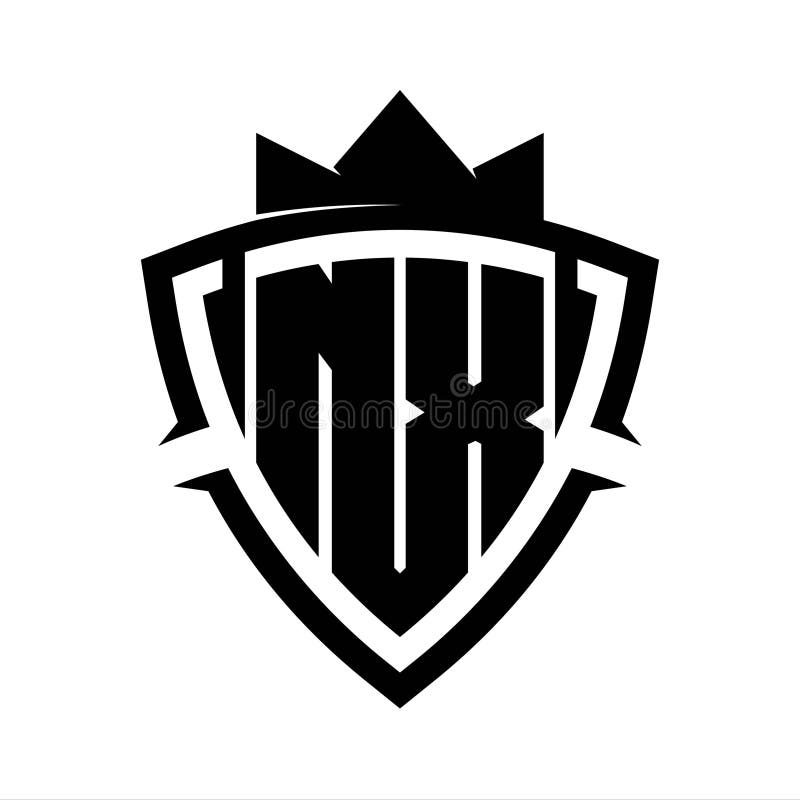 NX Letter bold monogram triangle curve shield shape with crown black and white background color design vector illustration